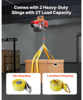440 Lb Electric Hoist With 110V Power lifting a box using yellow lifting slings in a warehouse