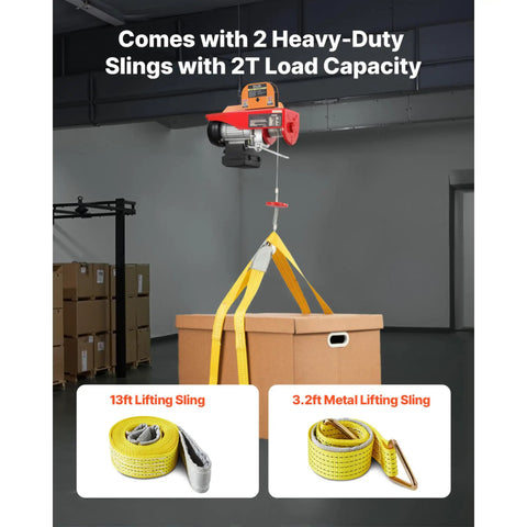 440 Lb Electric Hoist With 110V Power lifting a box using yellow lifting slings in a warehouse