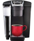 Commercial Coffee Maker For Small Biz Offices Up To 15 Employees With 4 Brew Sizes 6 8 10 And 12 Oz, 96 Oz Water Reservoir, shown front view with red mug