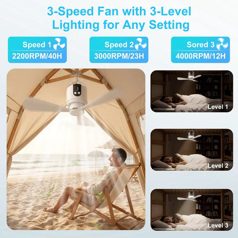 Portable 18 Inch Outdoor Ceiling Fan With Light And 15600mAh Battery in tent, 3 speed settings for camping, RV, beach, gazebo