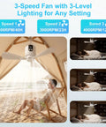 18" Camping Ceiling Fan with Light,15600mAh Battery,3-Speed Fan & Light shown outdoors, in use with variable speed settings.