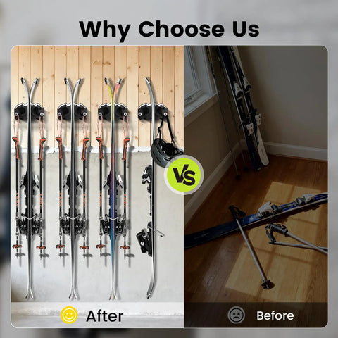 Space Saving Ski And Snowboard Wall Mount With Non Slip Rubber Grip Pads Garage Storage Rack displayed in organized after vs cluttered before view.
