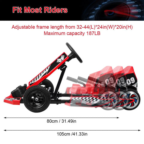 Side view of Electric Drift Go Kart For Adults With 350W Motor and adjustable length, showcasing size range and red finish.