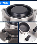 Close-up of Rear Wheel Bearing And Hub Assembly Fits 2003 To 2008 Toyota Corolla Matrix 2000 To 2005 Toyota Celica and 2003 To 2008 Pontiac Vibe FWD Non ABS 5 Lug Left And Right Rear Replacement With Drop In Easy Install showing details of bolts and bearing surface.