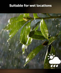 Leaves in rain symbolize weatherproof feature of outdoor motion sensor for smart home lighting, 160-degree detection, dusk-to-dawn auto on.