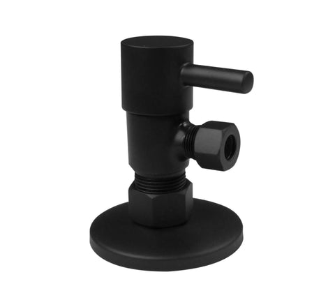 Round Lever Quarter Turn Angle Stop With Half Inch Copper Inlet And Three Eighths Inch Compression Outlet Matte Black Water Supply Valve For Faucets And Home Plumbing Projects Easy Install image showing product details.