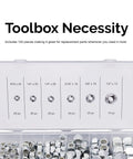 Heavy Duty Nylon Hex Lock Nuts Assortment Kit 150 Pieces Steel Friction Hardware Set With Bulletproof Grip For Mechanics And Weekend Builds Shop Grade No Slip Hold You Can Trust displayed in a clear container.