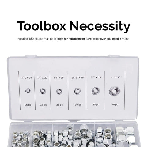 Heavy Duty Nylon Hex Lock Nuts Assortment Kit 150 Pieces Steel Friction Hardware Set With Bulletproof Grip For Mechanics And Weekend Builds Shop Grade No Slip Hold You Can Trust displayed in a clear container.