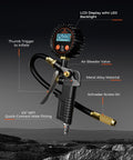 Digital Tire Pressure Gauge With Inflator 0-250 PSI Calibrated To ANSI B40.7 Grade 2A, labeled parts and features