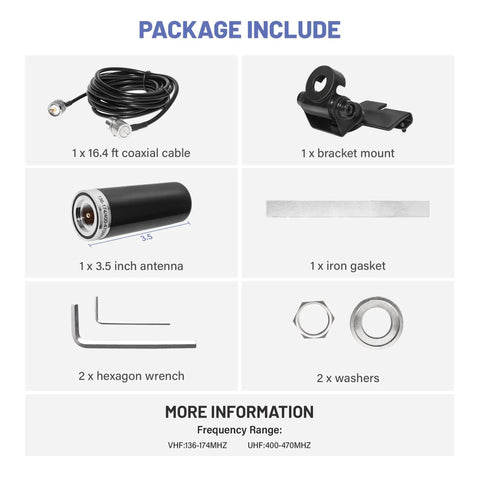 Dual Band Vehicle Ham Radio Antenna 136-174 MHz UHF 400-470 MHz package including coaxial cable, bracket, antenna, and tools