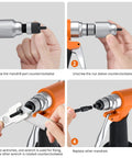Steps to change mandrels on Go-To Pneumatic Hydraulic Rivet Nut Gun Set With 8 Mandrels And Storage Case, showing hands and tools