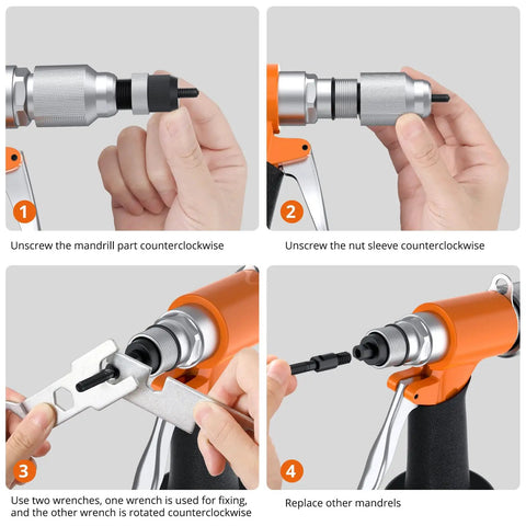 Steps to change mandrels on Go-To Pneumatic Hydraulic Rivet Nut Gun Set With 8 Mandrels And Storage Case, showing hands and tools