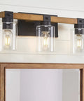 Rustic Farmhouse 3 Light Vanity Light Over Mirror With Seeded Glass Shades, Vintage Wood And Black Metal Bath Sconce