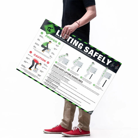 Man holding OSHA Compliant Lifting Safety Poster 18x24 Inches Waterproof Tear Resistant Manual Handling Sign for warehouses.