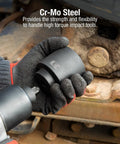 Beefy 1/2 Inch Drive 1-7/8 Inch Impact Socket built from Chrome Moly Steel with Radius Corner Design, held in gloved hand