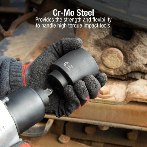 Beefy 1/2 Inch Drive 1-7/8 Inch Impact Socket built from Chrome Moly Steel with Radius Corner Design, held in gloved hand