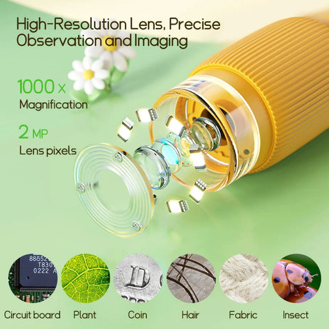 Pocket Digital Microscope For Kids 1000X Portable Handheld Microscope With Built In Storage For Photo And Video Capture Provides Real Time Viewing Of Plants Insects Coins Jewelry Stamps Educational Toy Gift For Ages 3 To 10 Boys And Girls, yellow lens close-up