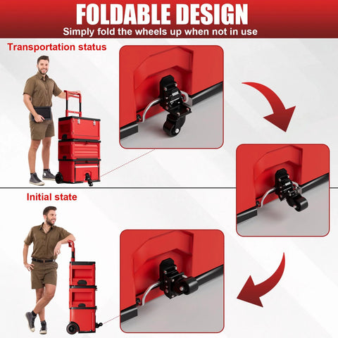Steel Construction Front Wheels for Packout Caster Kit on red toolbox showing foldable and transportation positions.