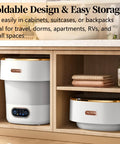 No Sweat Portable Washing Machine With Heavy Duty Spin Basket And 20 Liter Foldable Design stored in a cabinet for easy storage.