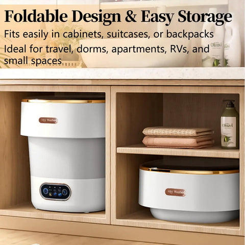 No Sweat Portable Washing Machine With Heavy Duty Spin Basket And 20 Liter Foldable Design stored in a cabinet for easy storage.