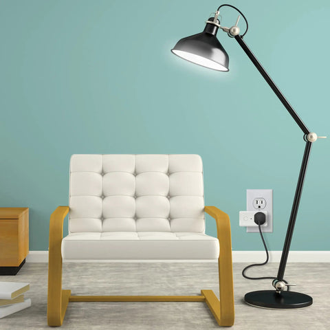 Living room with Smart WiFi Plug Works With Alexa And Google Home No Hub Required 2 4 GHz Network Only Remote Control From Anywhere 15 Amp Indoor Outlet For Home Appliances connected.