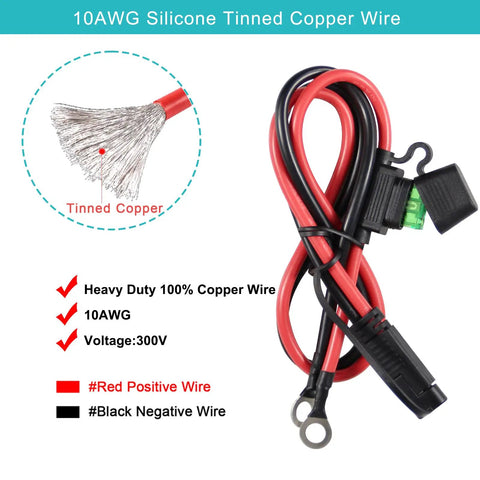 Heavy Duty Beefy 10 AWG SAE to O Ring Terminal Harness Includes Inline 30A Fuse Quick Connect Plug with tinned copper wire.