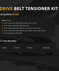 Top Notch Serpentine Drive Belt Kit With Tensioner And Idler Pulley Perfect Fit For Toyota Corolla 2003 To 2008 Plus Matrix Models Keeping Your Ride Smooth And Reliable Without Any Skanky Noises Or Slipping Issues. infographic with Toyota fitment and OE part numbers