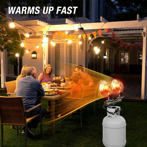 Image of a 30000 BTU Propane Patio Heater With Dual Head Radiant Heat For Outdoor Use next to a patio dining scene.
