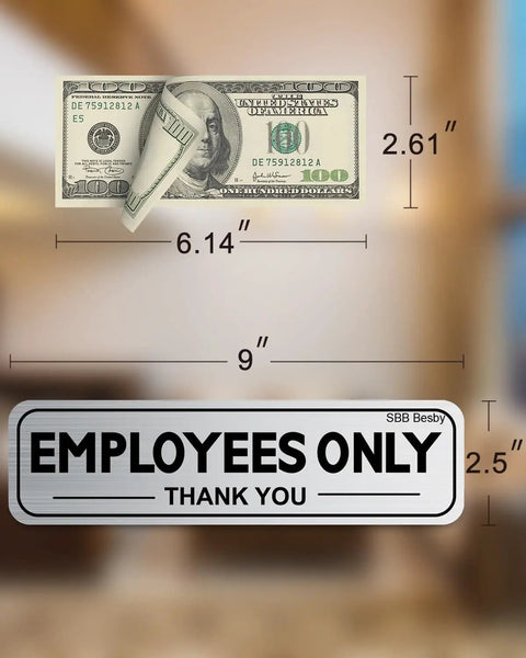 Two Pack Employees Only Sign Stickers With Back Adhesive Nine By Two And A Half Inches Metal Like Brushed Silver Vinyl Waterproof