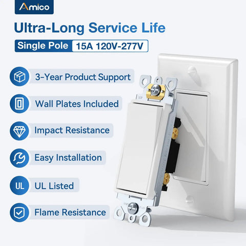 30 Pack Single Pole Light Switch With Wall Plate UL Listed 15A 120/277V on/off rocker paddle, installed view
