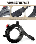 Close-up view of Super Chill Highway Riding Throttle Lock Cruise Control Clip For Motorcycles And Scooters Quick Handlebar Mount Dark design with red button.