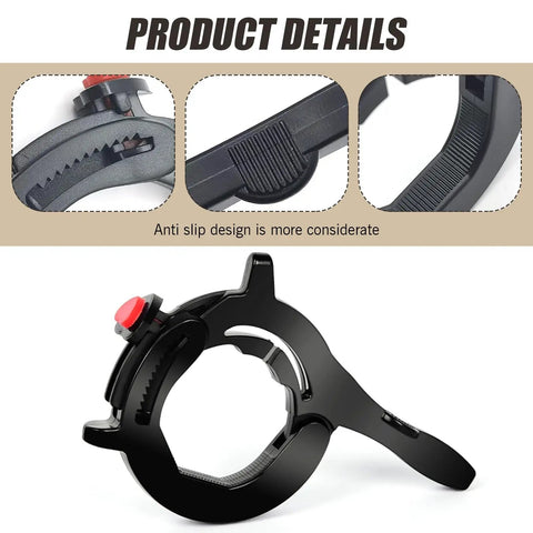 Close-up view of Super Chill Highway Riding Throttle Lock Cruise Control Clip For Motorcycles And Scooters Quick Handlebar Mount Dark design with red button.