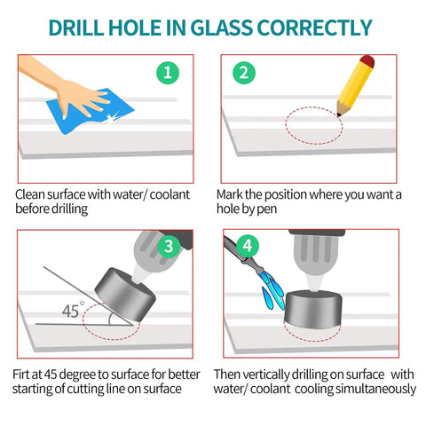 Drill hole instructions for glass using 15 Pack Heavy Duty Diamond Drill Bits Offering Knockout Accuracy With Slick Nickel Coating.