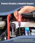 Heavy Duty 306 Piece Automotive Fuse Assortment Kit With Puller And Tester using a tester in a car fuse box with glowing LED.
