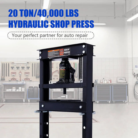 Heavy Duty Hydraulic Shop Press With Adjustable Benchtop Table And Solid H Frame Steel Construction, 20 ton capacity, in garage setting.