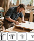 Person using 20 Piece Dowel And Tenon Center Pins Set For Woodworking Transfer Dowel Centering Plugs In 1/4 5/16 3/8 And 1/2 Inch Sizes