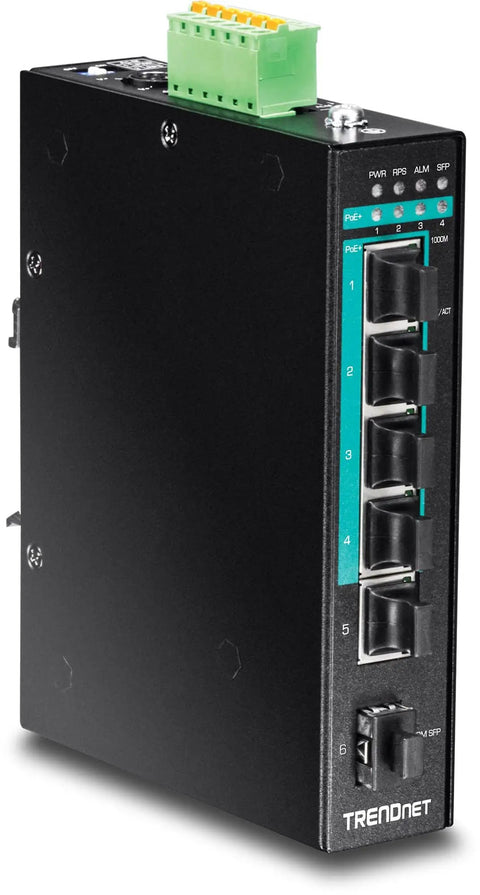 5 Port Hardened Industrial Gigabit PoE Plus DIN Rail Switch With 120W Power Budget 1 X SFP Slot IP30 Rated Unmanaged Switch Black