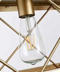 Close-up of light bulbs in the Gold Farmhouse Rectangular Chandelier With 5 Lights For Kitchen Island, metal grille detail visible