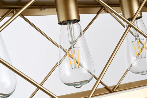 Close-up of light bulbs in the Gold Farmhouse Rectangular Chandelier With 5 Lights For Kitchen Island, metal grille detail visible