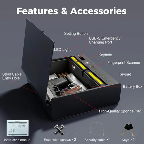 Open biometric gun safe for handgun showing quick grab and go access, features, and accessories for home, bedside, and car use.