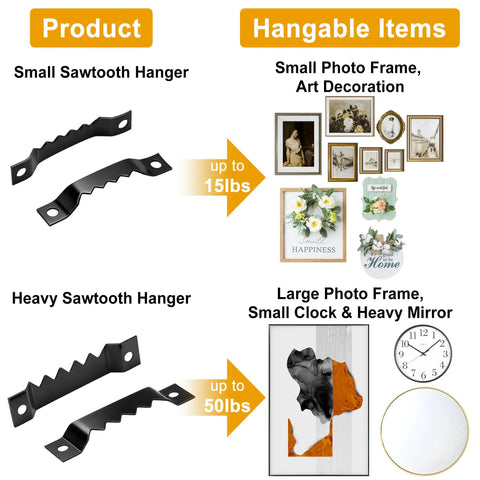 Small and heavy sawtooth hangers from the Heavy Duty Picture Hangers Kit 281 Pcs, suitable for frames up to 50lbs.