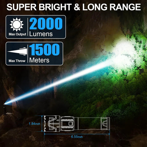 Beast Bright Rechargeable Tactical Flashlight 2000 Lumens beam illuminating forest, 1500 meters range illustration