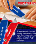 Front view of two Jetmore retractable box cutters, blue and red, with metal bodies and exposed blades.