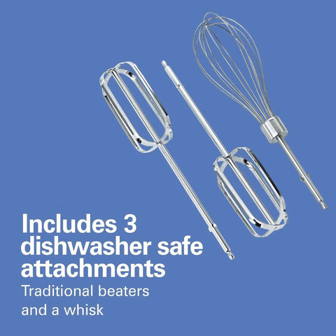 Big Time Slick And Kickin Six Speed Electric Hand Mixer With Quick Burst Function Includes Complete Three Piece Beater Set And Snappy Storage Case For Hassle Free Mixing Tasks with whisk and beaters.