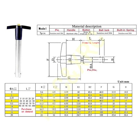 Diagram of Stainless Steel 304 Quick Release Pins With T Handle Push Button Lock Pins 6.3mm Dia 40mm Usage Length Brass