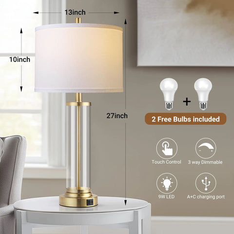 Touch Control Bedside Lamps Set Of 2 With USB A And C Ports, featuring a gold base and white fabric shade on a nightstand.