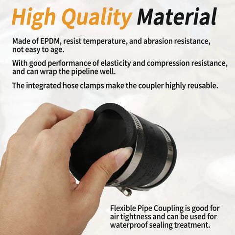 Hand holds Flexible PVC Pipe Coupling With Rubber Hose Clamps For One And A Quarter Inch Flex Connection over text background