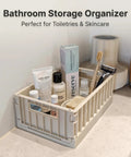 Top Shelf Foldable Storage Bins Four Pack Hella Space Savers For Tiny Apartments Dorm Rooms And Closets Easy Flat Fold Plastic Organizer Crates With Secure Lids Beige holding toiletries.