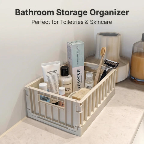 Top Shelf Foldable Storage Bins Four Pack Hella Space Savers For Tiny Apartments Dorm Rooms And Closets Easy Flat Fold Plastic Organizer Crates With Secure Lids Beige holding toiletries.