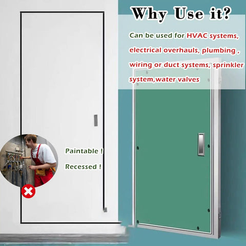 Tough Recessed Access Door 3 Pack With Solid Aluminum Frame Paintable Inspection Panel For Ceilings And Walls Fire Rated Gypsum Board Effortless Install No Sweat Finish For HVAC Plumbing And Electrical Upgrades 44 X 48 Inch displayed showing two inspection panels with labels for use.